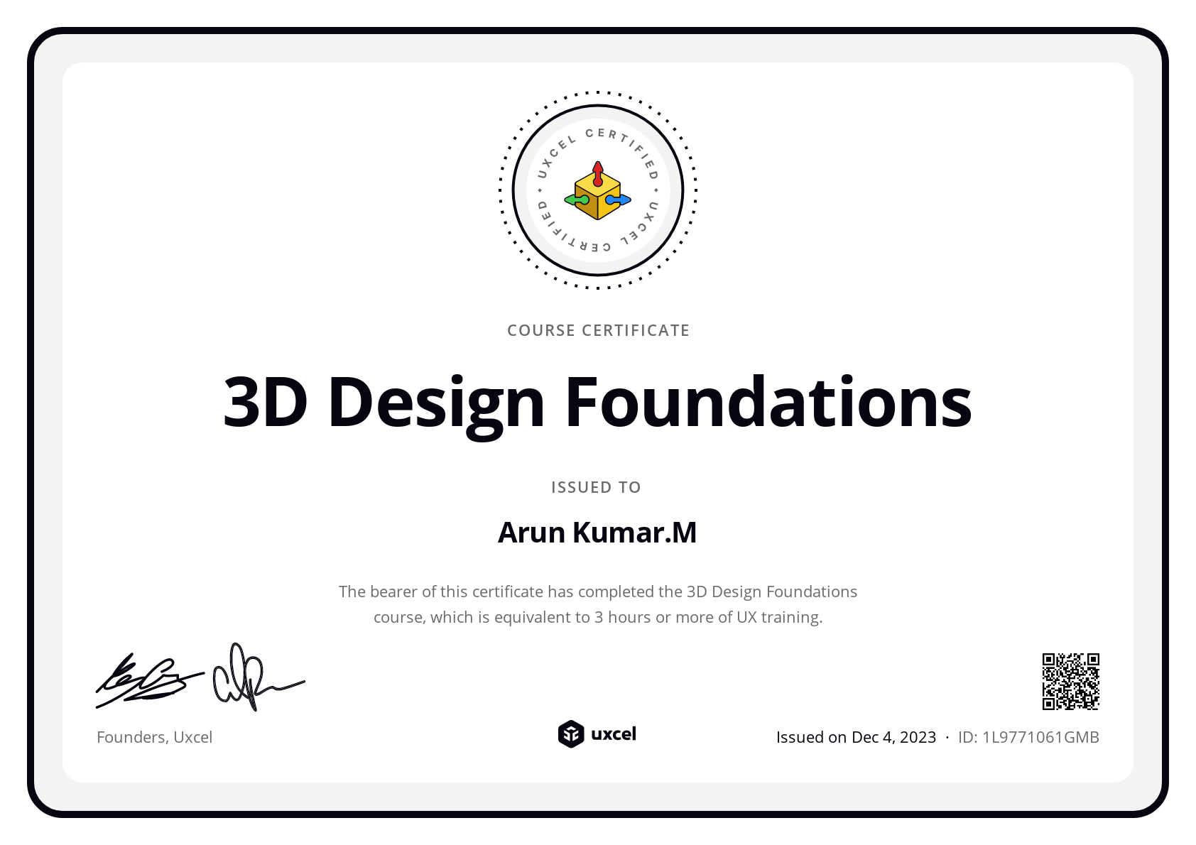 Arun Kumar.M's certificate